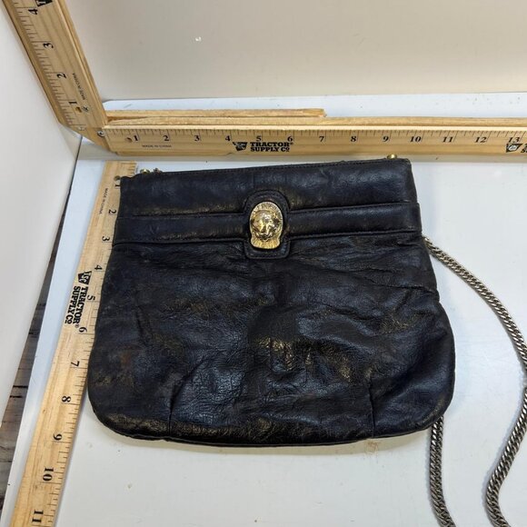 None Handbags - Women's Vintage Black Leather Handbag Chain Strap Clutch with Gold Emblem